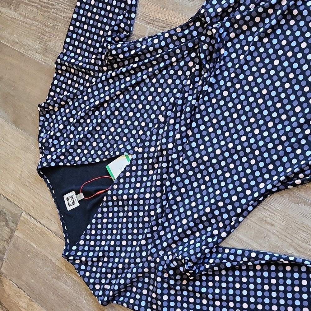 Anne Klein Navy and White Polka Dot Long Sleeve Wrap Dress - Picture 3 of 14